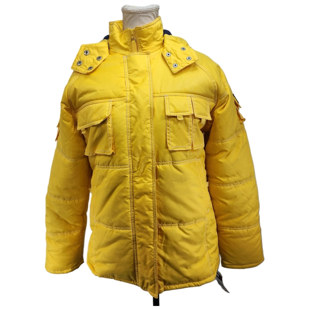 Tommy Hilfiger. Y2K, Yellow Puffer Coat w/ detachable hood. Size: Large